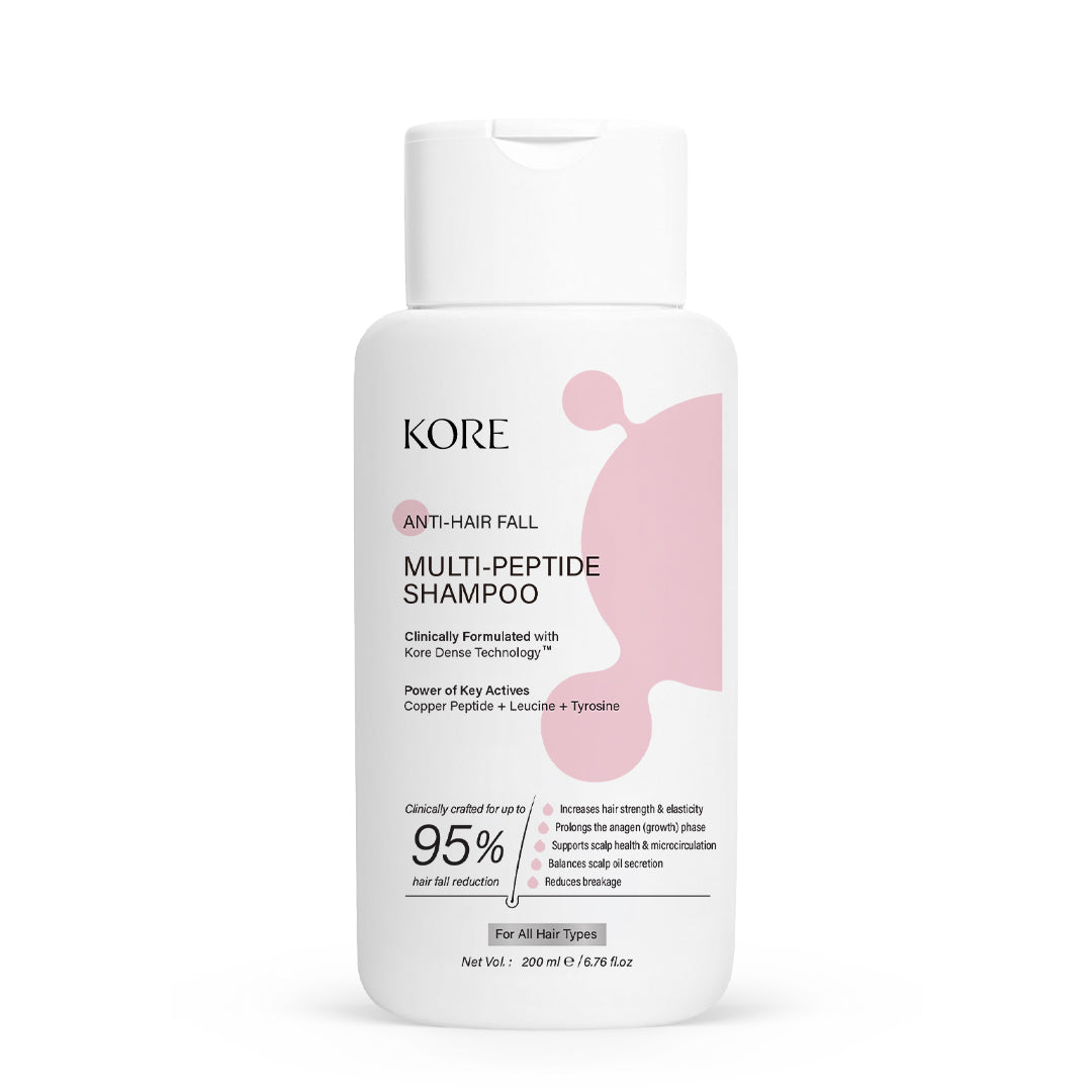 KORE Anti Hair Fall Multi-Peptide Shampoo | Clinically Crafted for Up to 95% Hair Fall Reduction | Powered with KORE Dense Technology | Copper Peptide, Leucine & Tyrosine | Repairs Dry & Damaged Hair | 200 ml