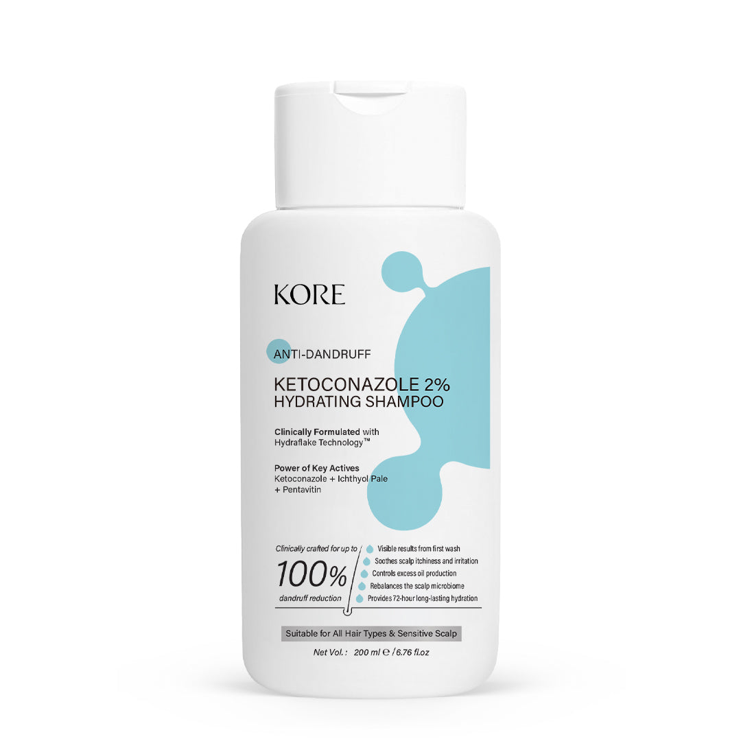 KORE Anti-Dandruff 2% Ketoconazole Hydrating Shampoo | Clinically Crafted for Up to 100% Dandruff Reduction | Powered with Hydraflake Technology | Ketoconazole, Pentavitin & Ichthyol Pale | Soothes Itchy, Irritated Scalp | 200 ml