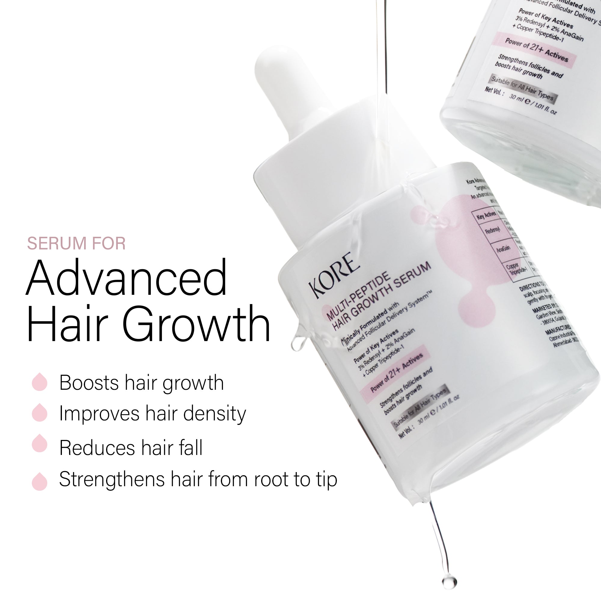 KORE Multi-Peptide Hair Growth Serum | Powered with Advanced Follicular Delivery System | 21 Actives with 3% Redensyl, 2% Anagain & Copper Tripeptide-1 | Boosts Hair Growth & Density | For Men & Women | 30 ml