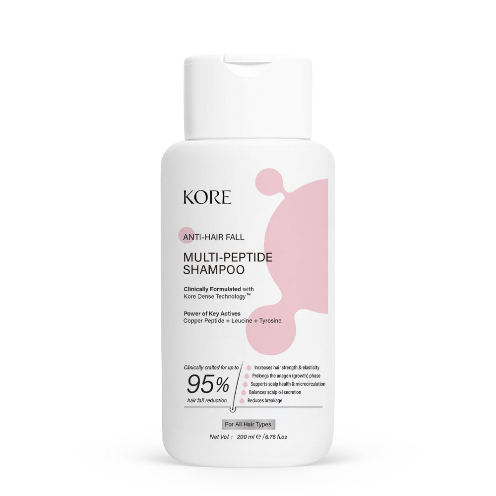 KORE Anti Hairfall Multi-Peptide Shampoo | Clinically Crafted for Up to 95% Hair Fall Reduction | Powered with KORE DENSE TECHNOLOGY™ | Copper Peptide, Leucine & Tyrosine | Repairs Dry & Damaged Hair | 200 ml