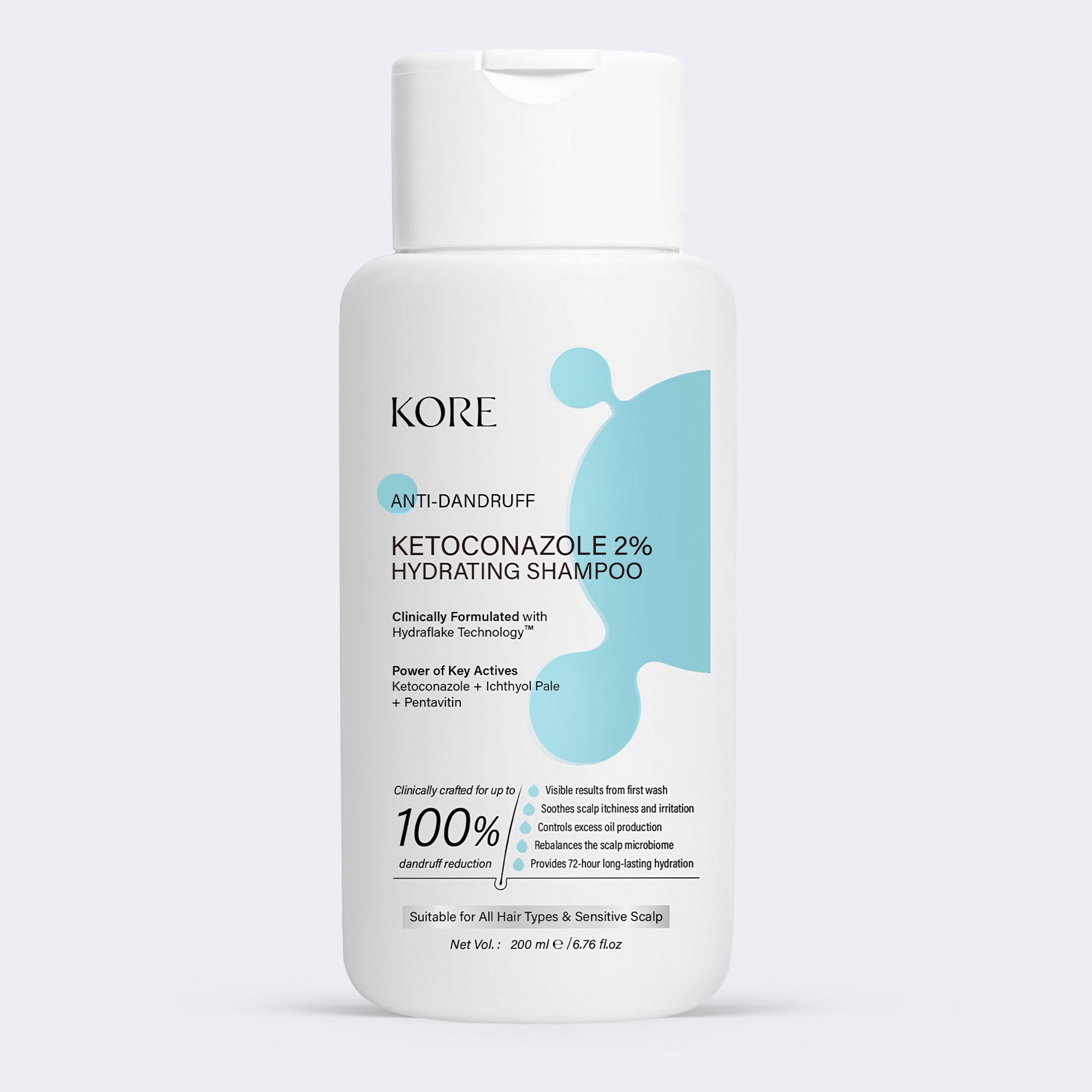 KORE Anti-Dandruff 2% Ketoconazole Hydrating Shampoo | Clinically Crafted for Up to 100% Dandruff Reduction | Powered with Hydraflake Technology | Ketoconazole, Pentavitin & Ichthyol Pale | Soothes Itchy, Irritated Scalp | 200 ml