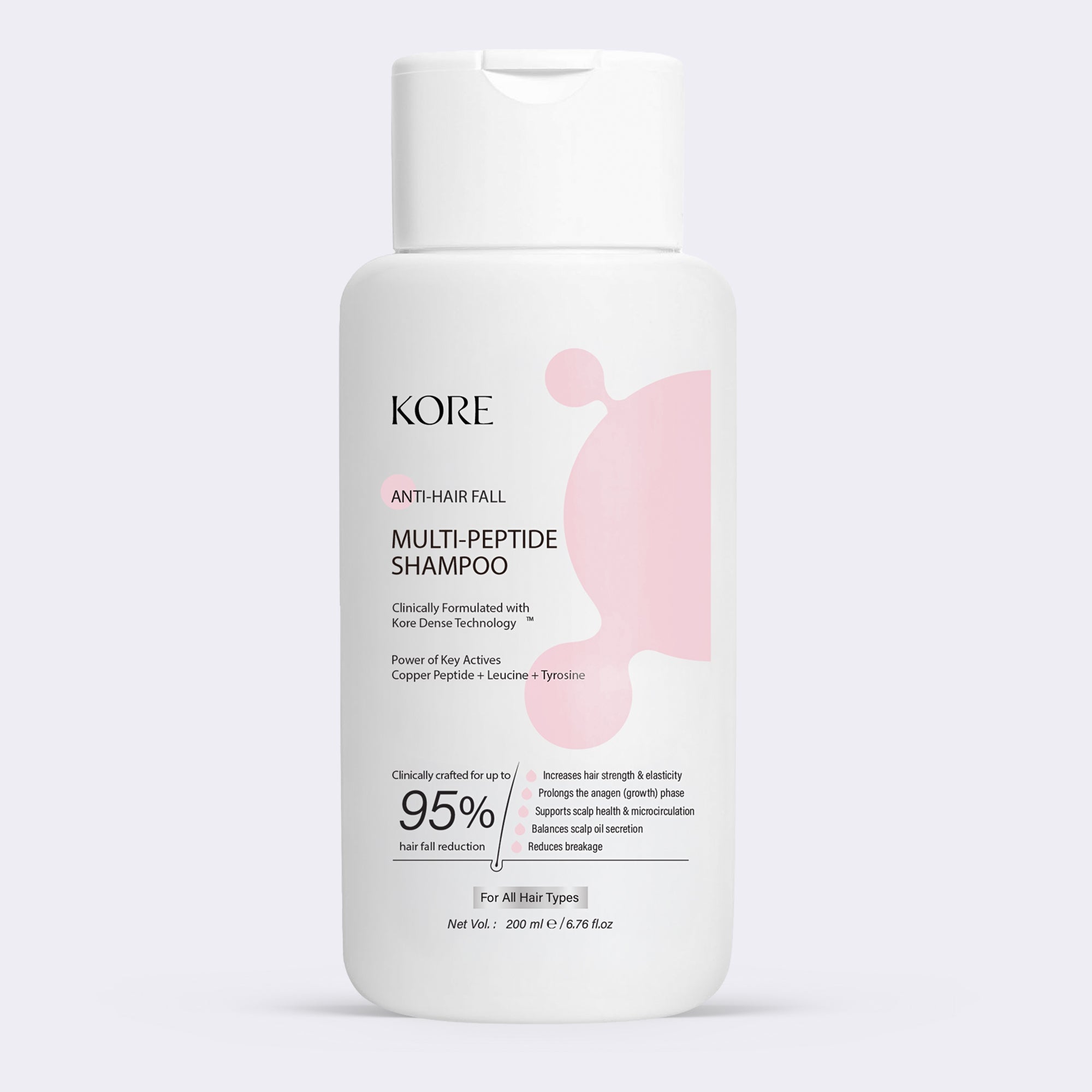 KORE Anti Hair Fall Multi-Peptide Shampoo | Clinically Crafted for Up to 95% Hair Fall Reduction | Powered with KORE Dense Technology | Copper Peptide, Leucine & Tyrosine | Repairs Dry & Damaged Hair | 200 ml