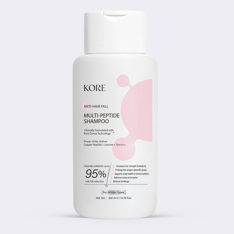 KORE Anti Hair Fall Multi-Peptide Shampoo | Clinically Crafted for Up to 95% Hair Fall Reduction | Powered with KORE Dense Technology | Copper Peptide, Leucine & Tyrosine | Repairs Dry & Damaged Hair | 200 ml